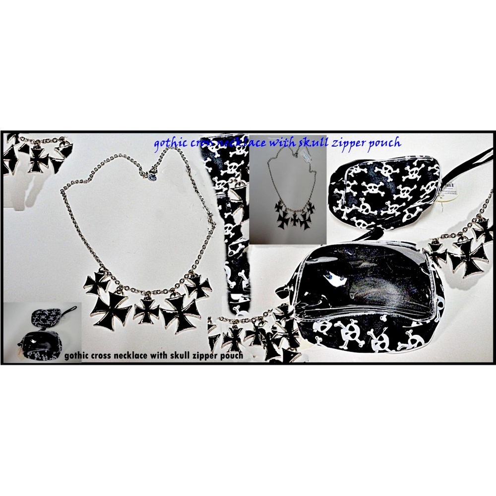 Gothic Multi Cross  Necklace w/Skull Zipper Pouch BLACK&SILVER GOTHIC BIKER NEW
